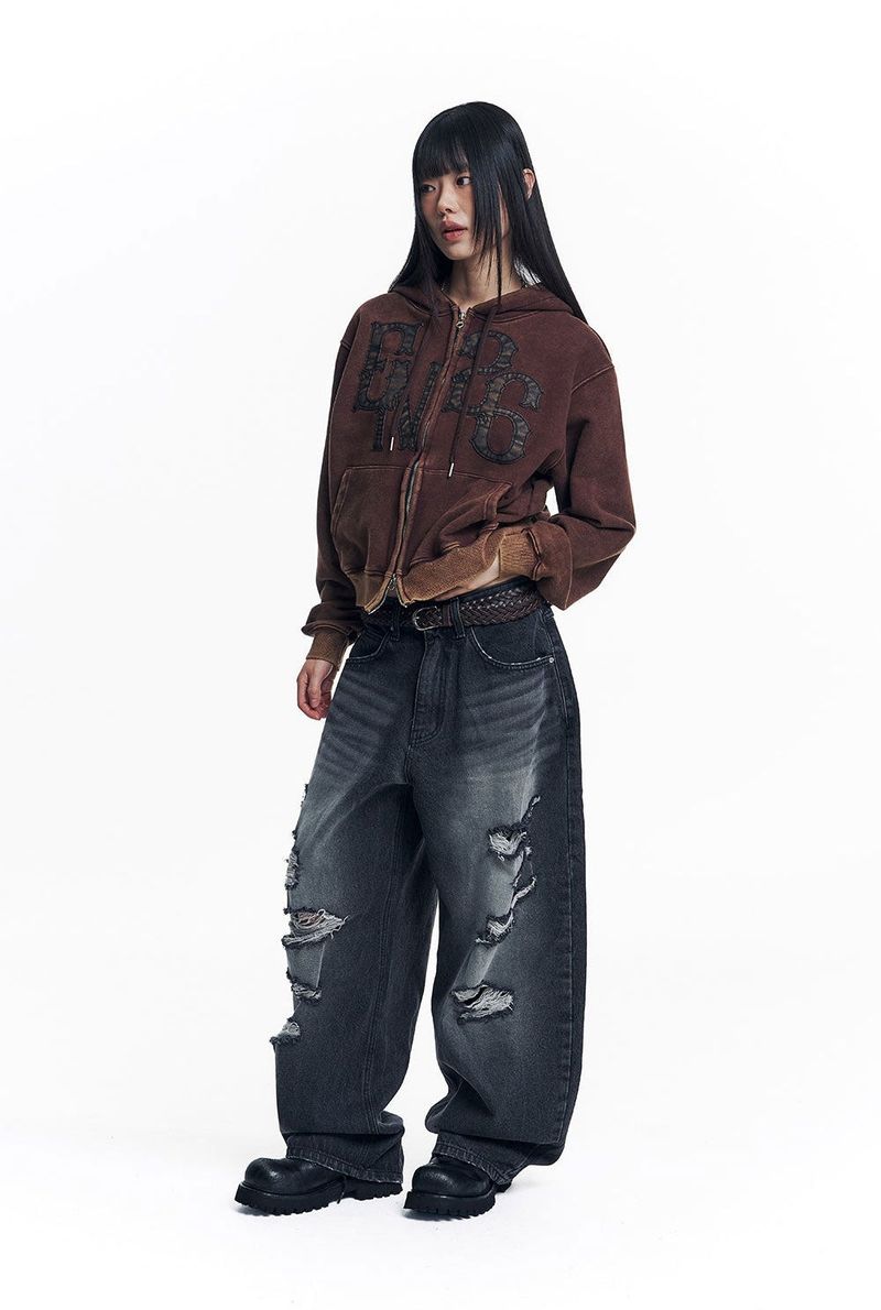 Washed Leather Patch Hooded Zip-Up - Brown