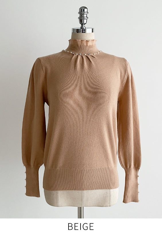 Genuine Pearl Slit Frill Turtleneck Knit
