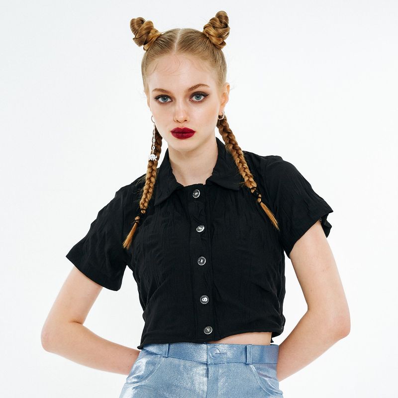 Back Open Ribbon Strap Shirt [Black]