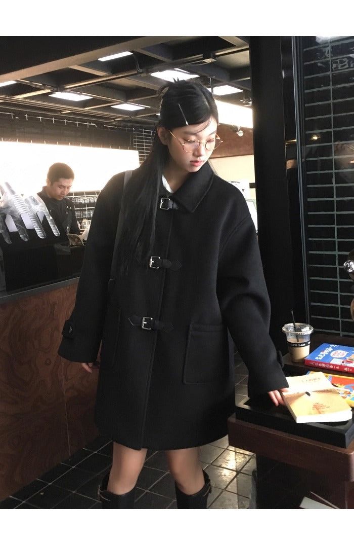 wool black collar buckle half coat