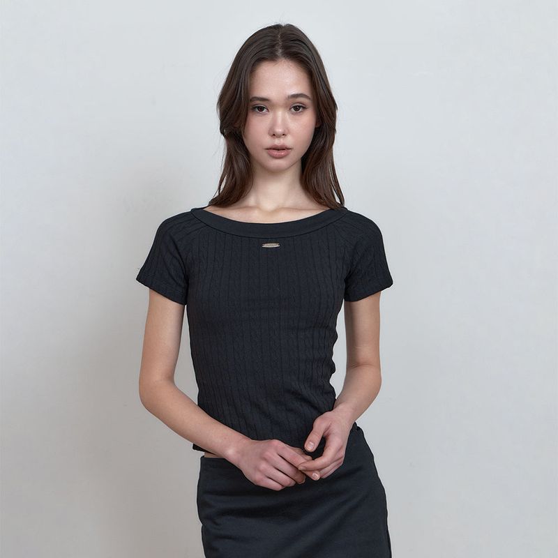 C CABLE BOAT-NECK T-SHIRT_BLACK