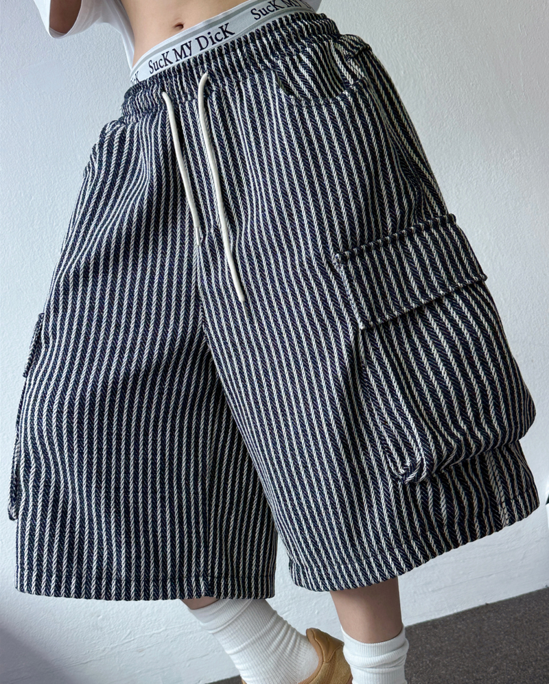 STRIPE CARGO BALLOON BERMUDA 💙🖤🤍2COLOR