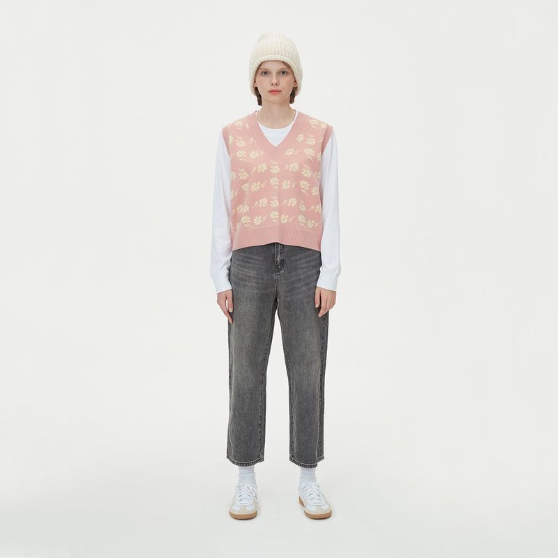 FLOWER JAQUARD KNIT VEST_PINK