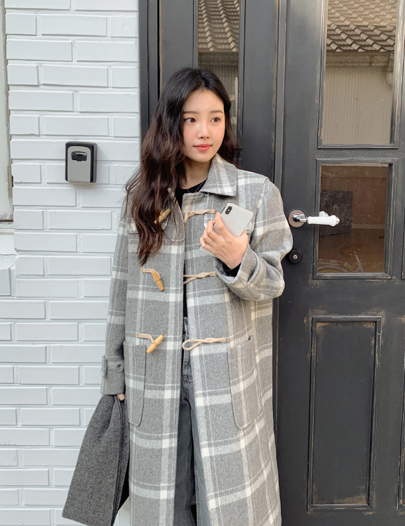 [SHOPPERMADE] Ash Gray Check Wool Long Duffle Coat