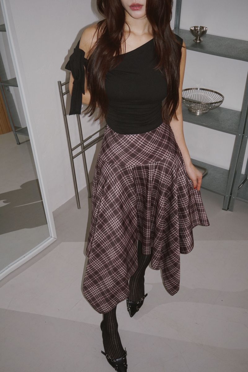 Unbalanced High Midi Checkered Skirt