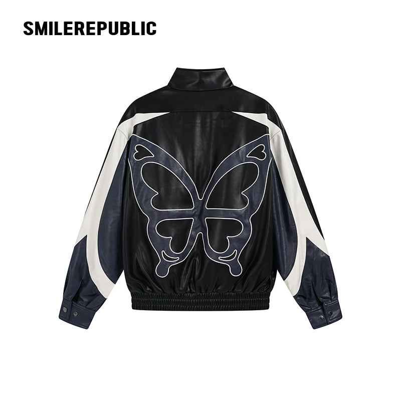 Black Navy and White PU Coated Faux Leather Color Block Butterfly Graphic Stand Collar Zip Jacket