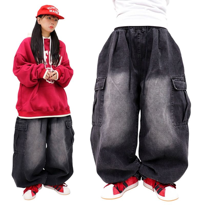 Vintage-Washed Denim Cargo Balloon Pants