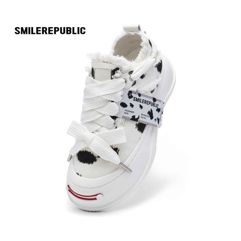 Black and White Spotted Canvas Platform Sneakers with Replaceable Smile Toe Design