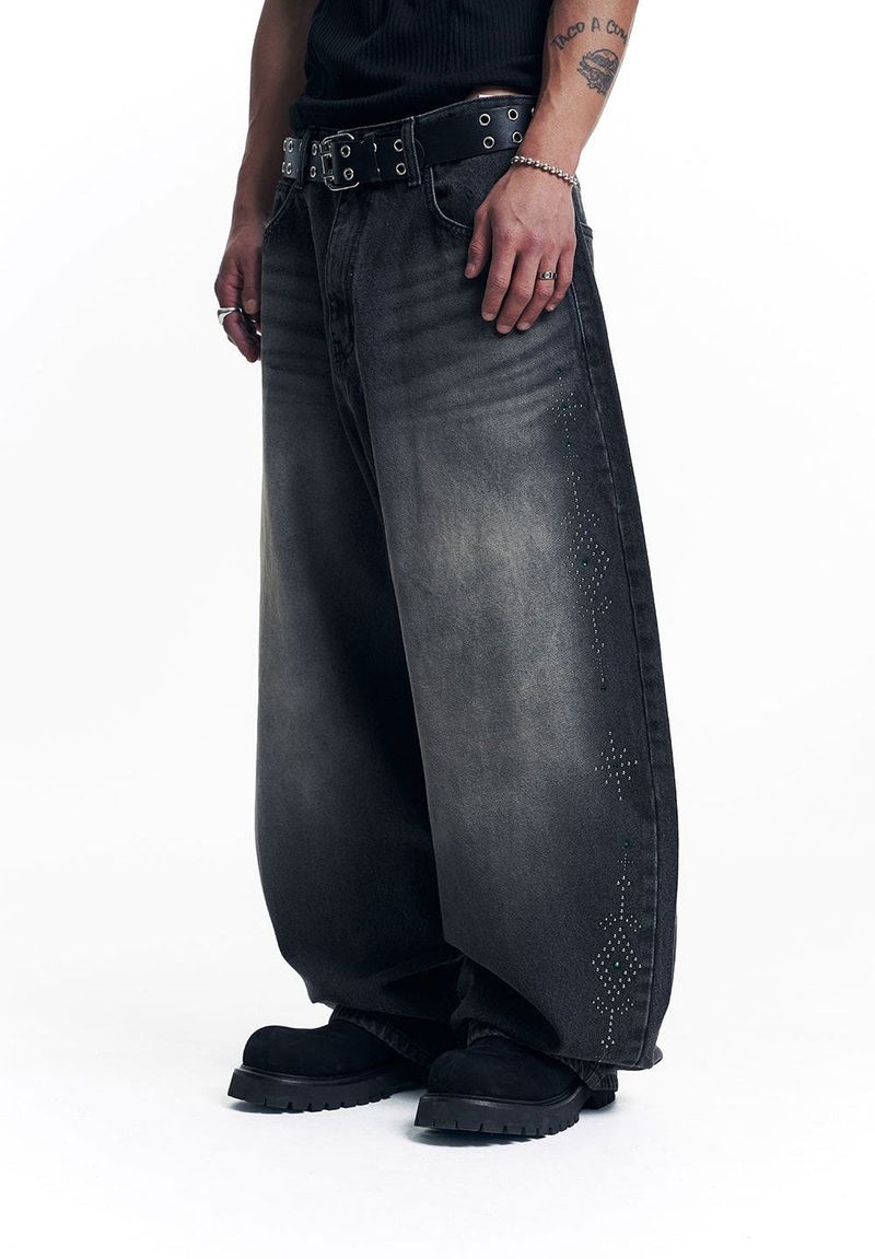 Curved Western Stud Denim Pants - Black