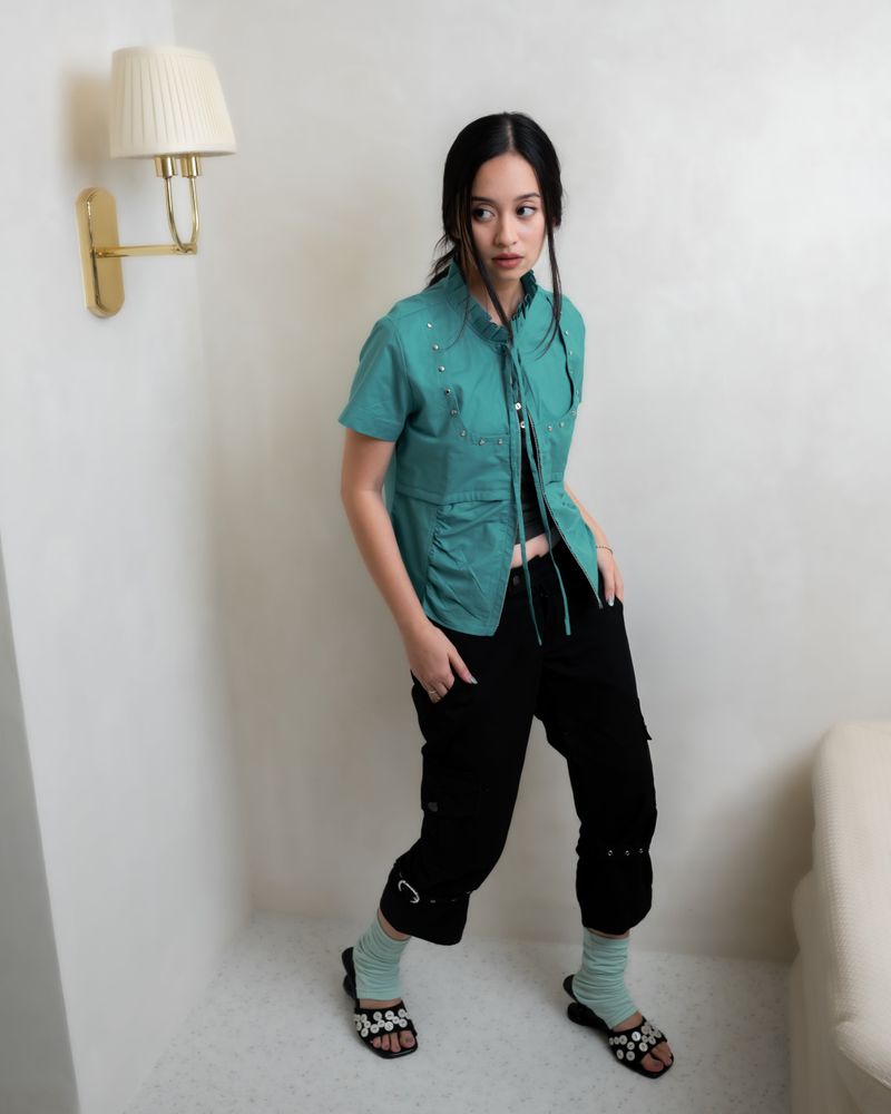 Teal Blade Ruffle Stud Top