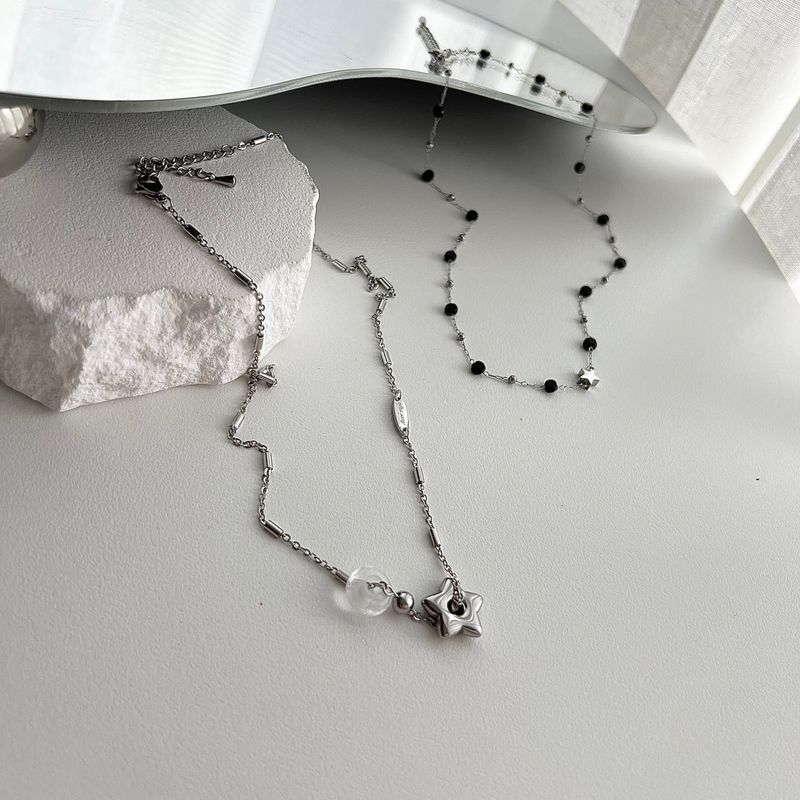 stb hip star y2k stainless steel star white crystal gemstone layered two-way ball necklace