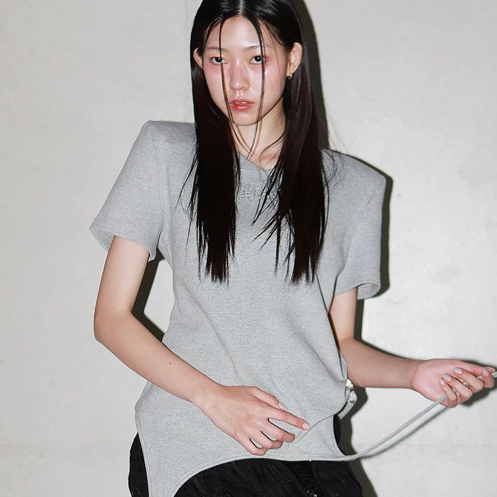 ショルダーパデットワッフルTシャツ _ グレー