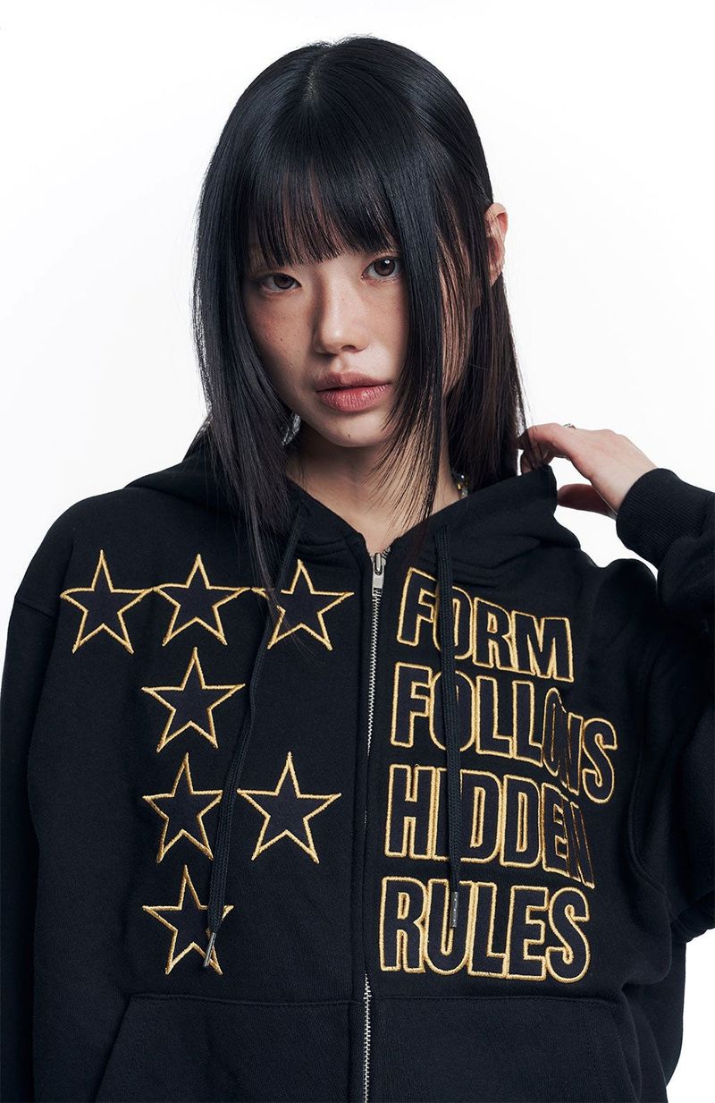 Star Lettering Patch Hoodie Zip-Up - Black