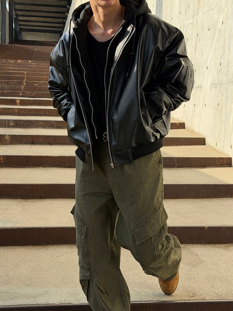 Hood layered leather blouson(3color)