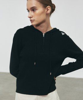 HALF ZIP UP SLIM LS HOODY_BEIGE