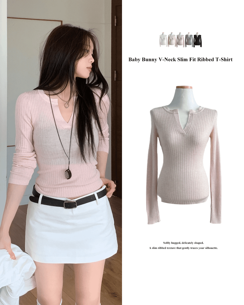 GUSTA（グスタ）の「Baby Bunny V-Neck Slim Fit Ribbed T-shirt（Tops）」
