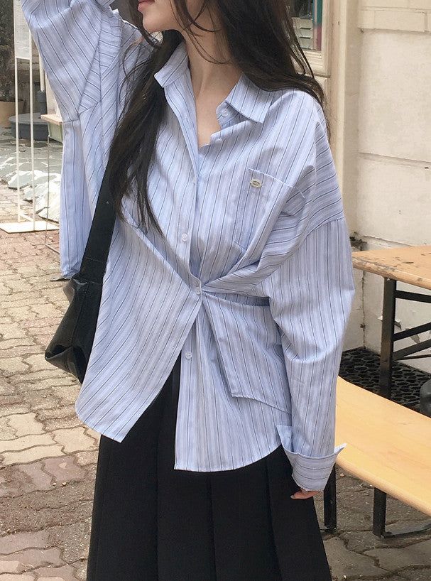 Today Loose Button Wrap Stripe Shirt (3color)