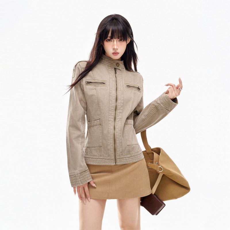 Khaki Washed Denim Utility Jacket