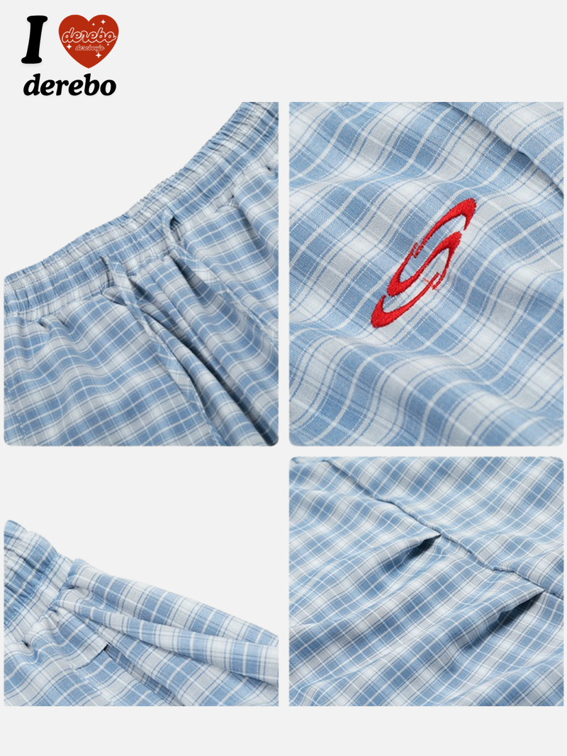 Blue checkered banding wide pants