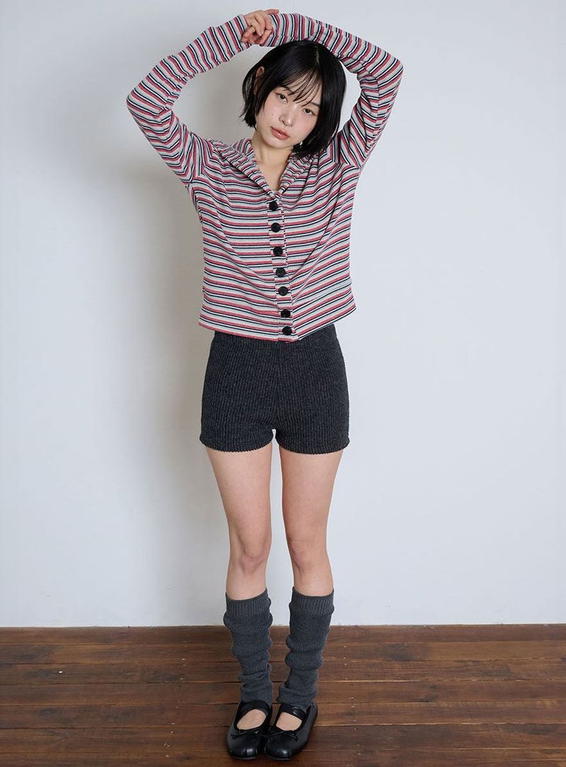 STRIPED HIGH NECK BUTTON CARDIGAN - GRAY