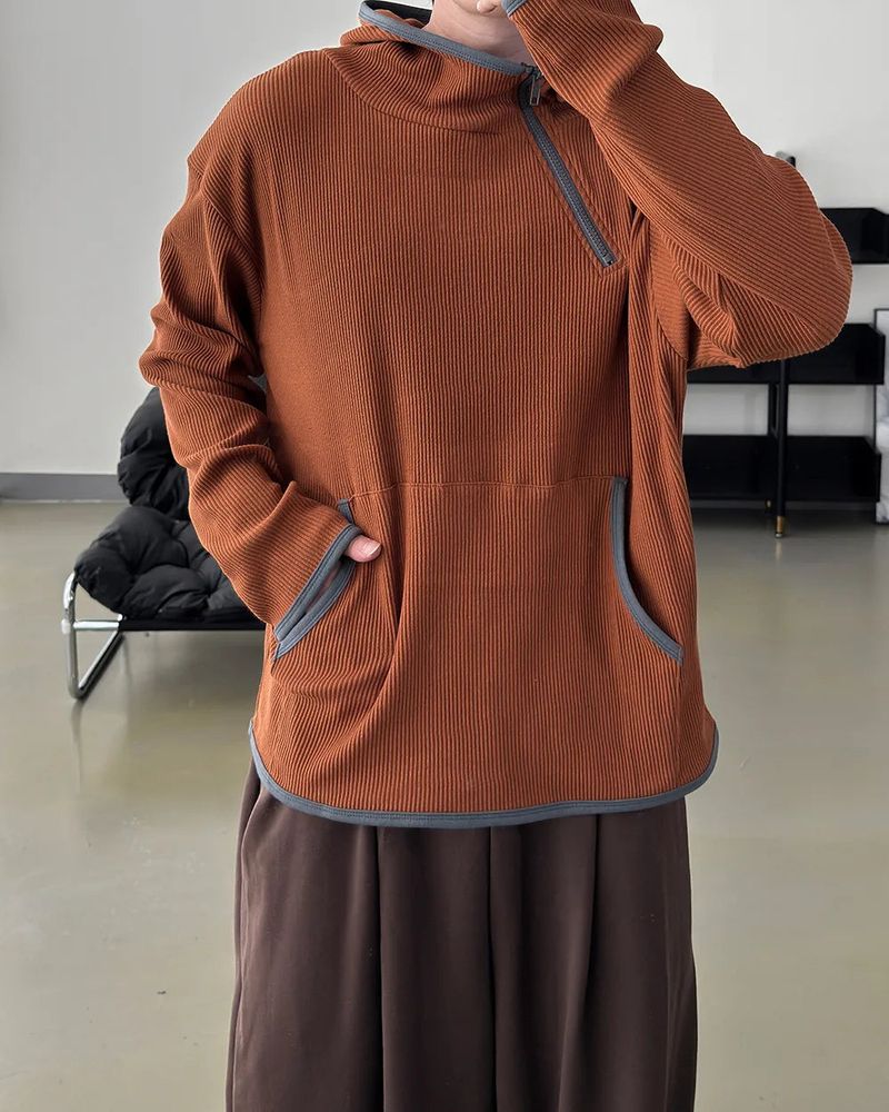 Terne ribbed diagonal zipper hoodie