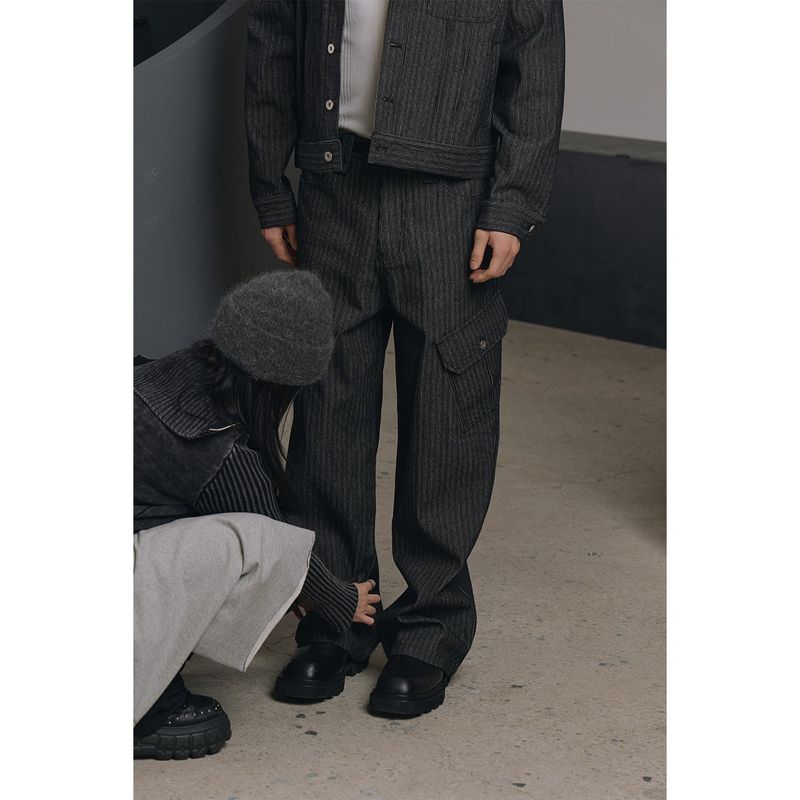 Stripe corduroy trucker denim jacket(Black)