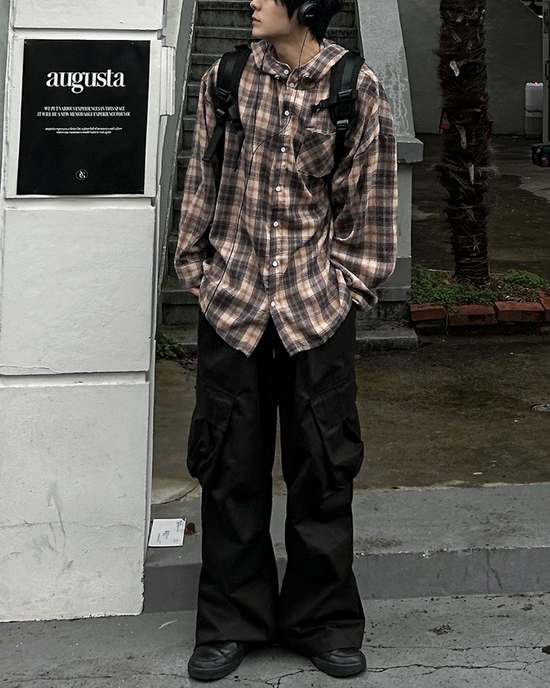 lable hood check shirt