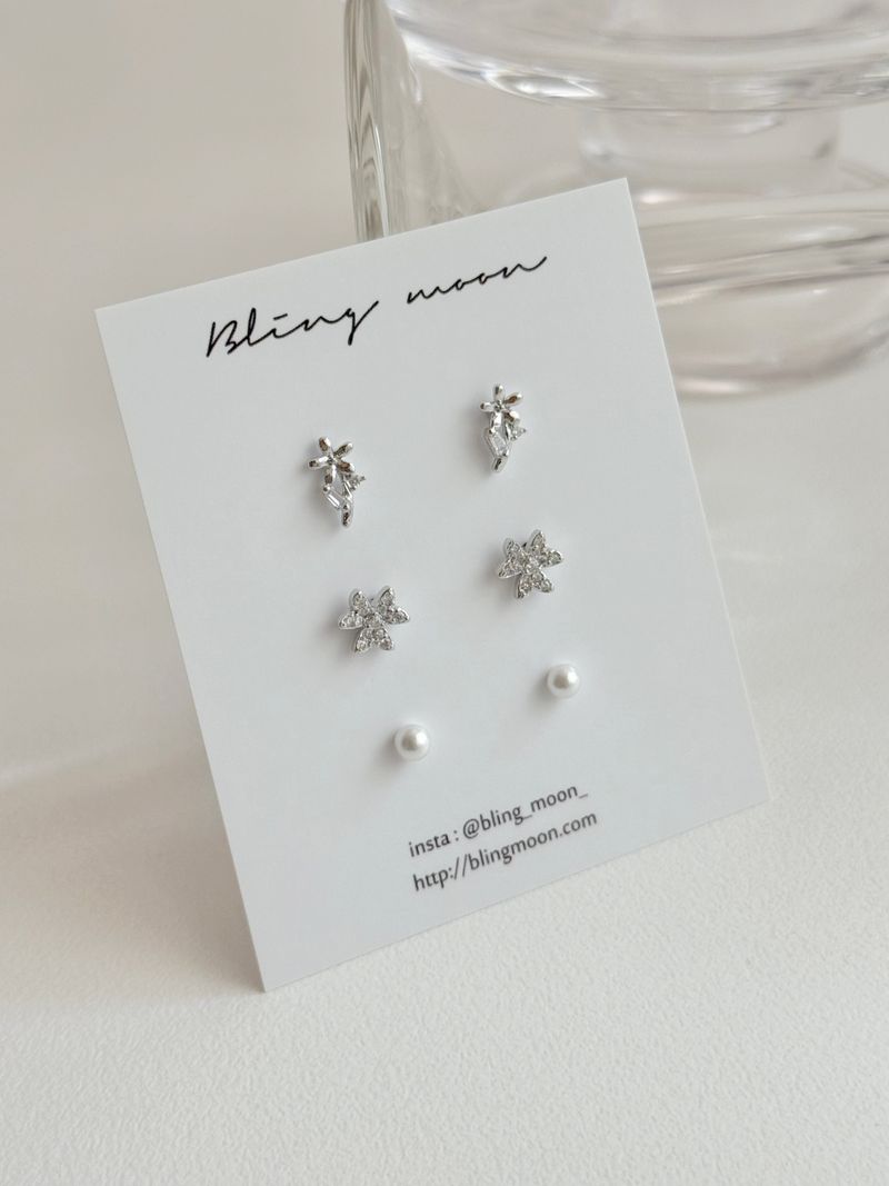 [3 set] spring flower earring set / 2 color / cubic pearl spring simple daily mini 