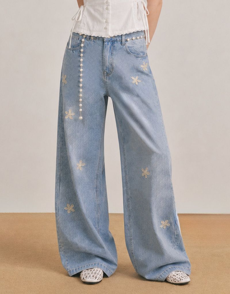 Uline Flower Wide Denim Pants Light Blue