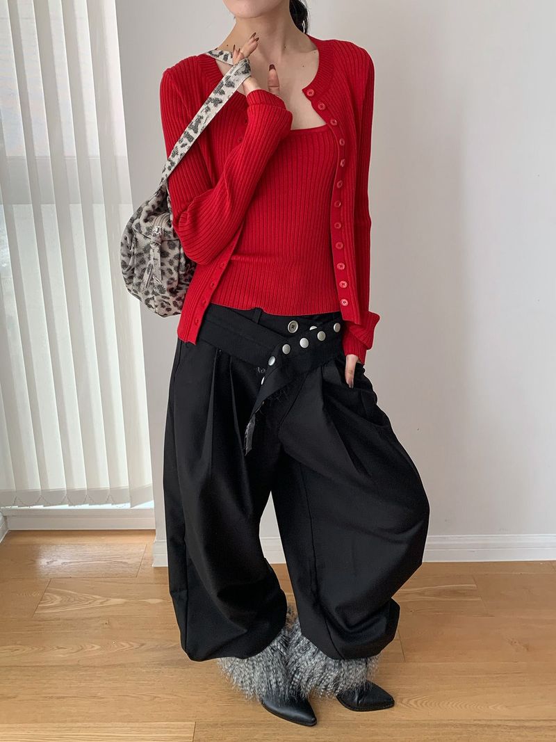 Color Round Neck Ribbed Button Cardigan