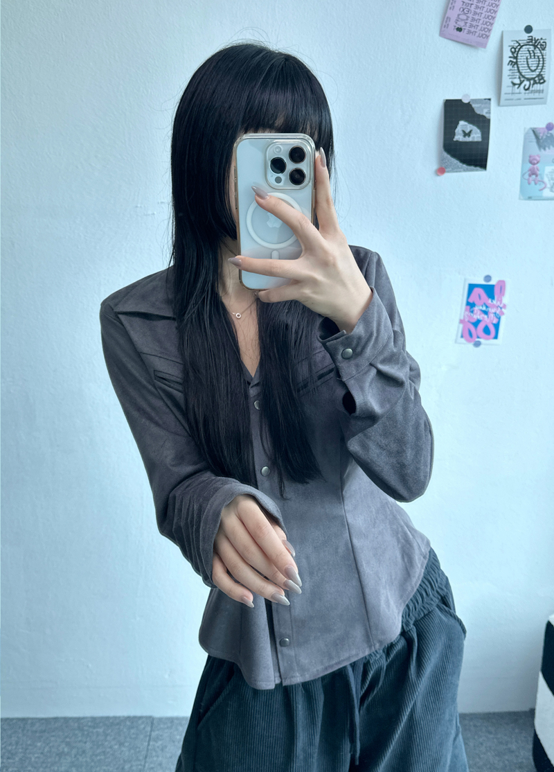 SUEDE SLIM LINE SHIRT BLOUSE🤎🖤🩶 - 3 COLORS