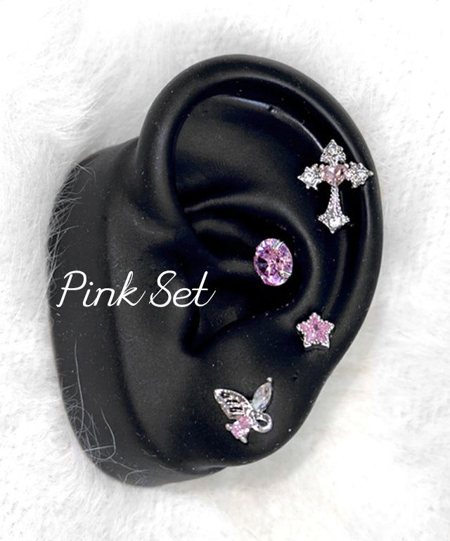 Pink Butterfly Cross Star Cubic Pierce 4 Set