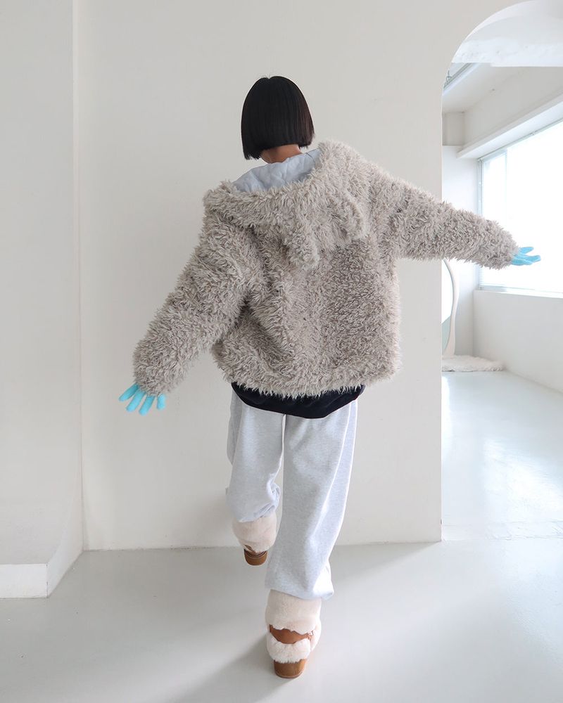 Rabbit ear hood zip-up soft fur jacket