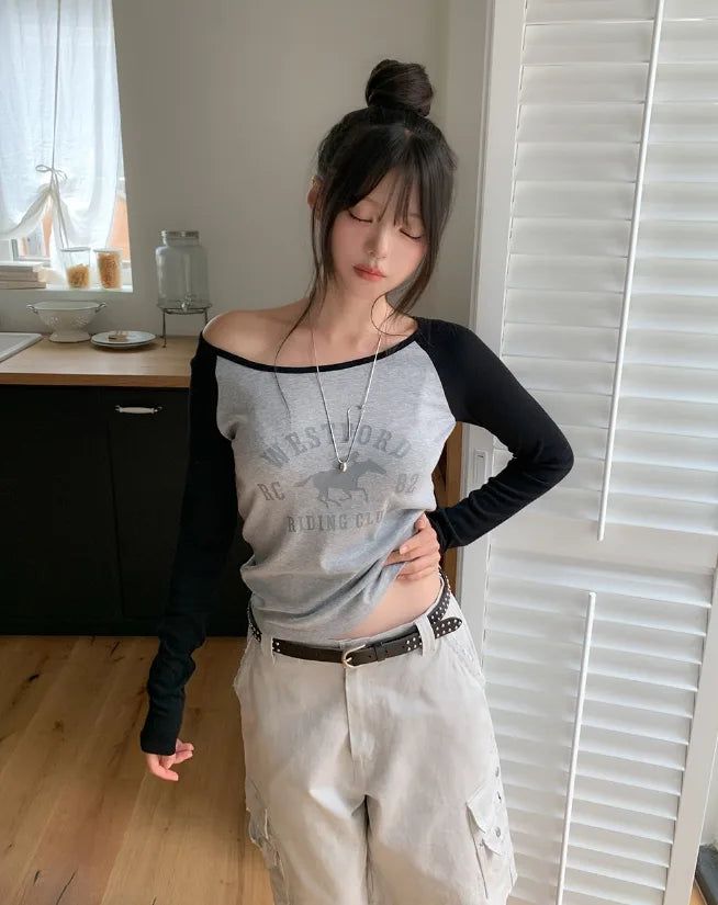 ULAN（ユレン）の「Horse Color Matching Boat Neck Raglan Long Sleeve（Tops）」