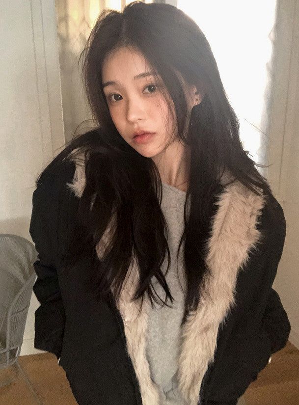 #Fur Hood Crop Zip-up Jumper (2color)