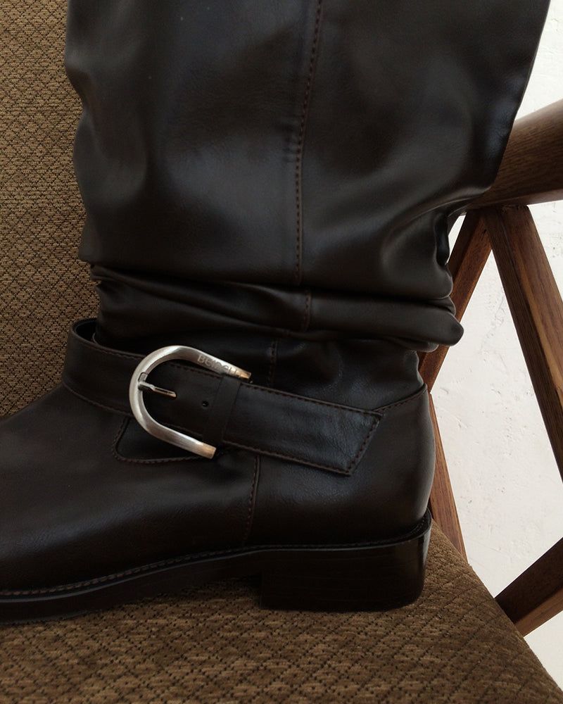[ORIGINAL] Slub Wrinkled Midi Leather Boots
