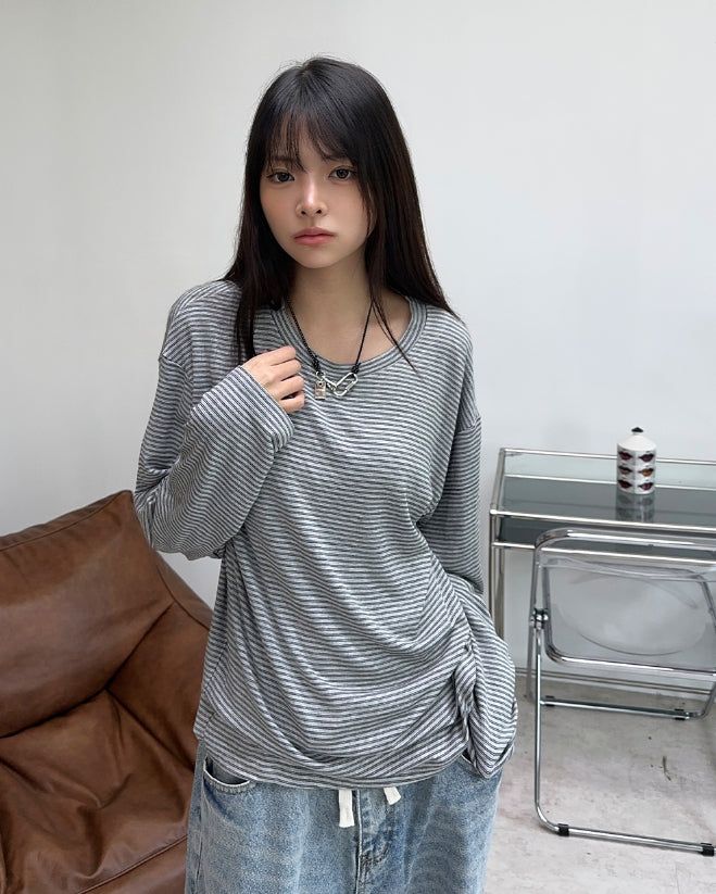 SATIIIZ（サティーズ）の「Aaron Loose Fit Striped Long Sleeve（Tops）」