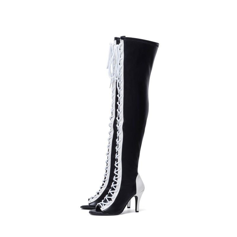 Thigh High Shoelace Point Boots Heel(Black)