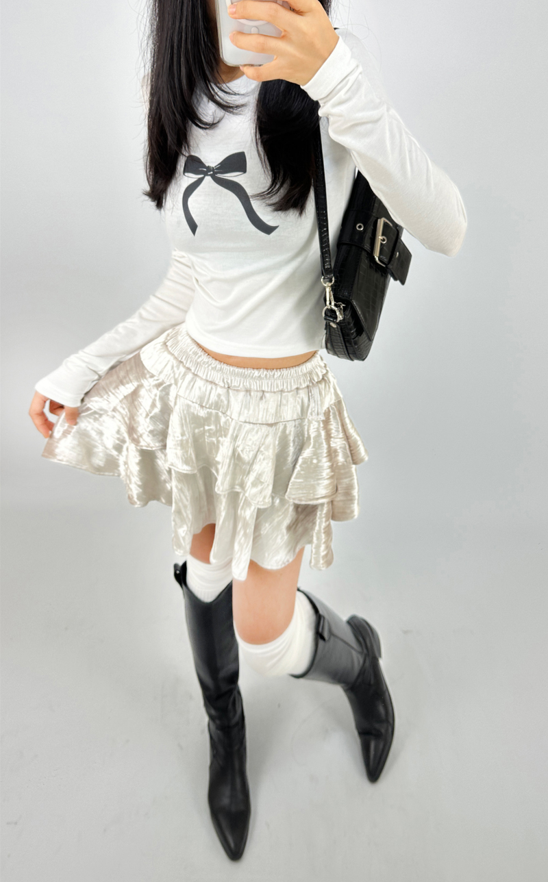 BASIC BOW-DETAIL SEMI-CROPPED STRETCH ROUND U-NECK LONG-SLEEVE TEE
