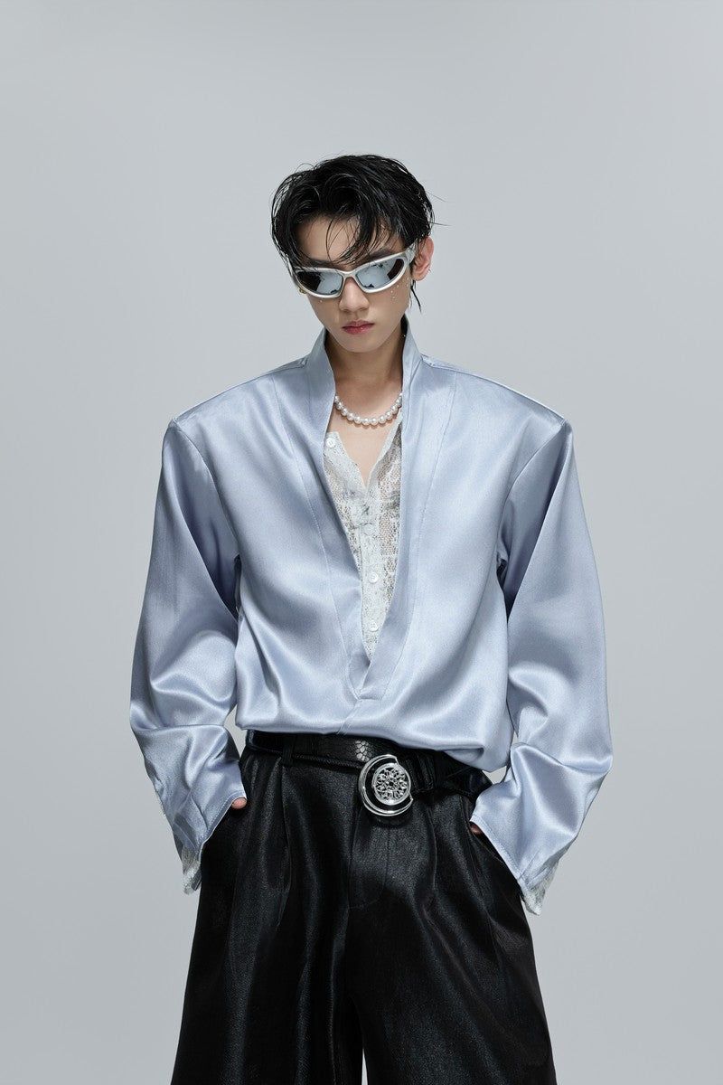 Lace V-Neck Layered Satin Blouse