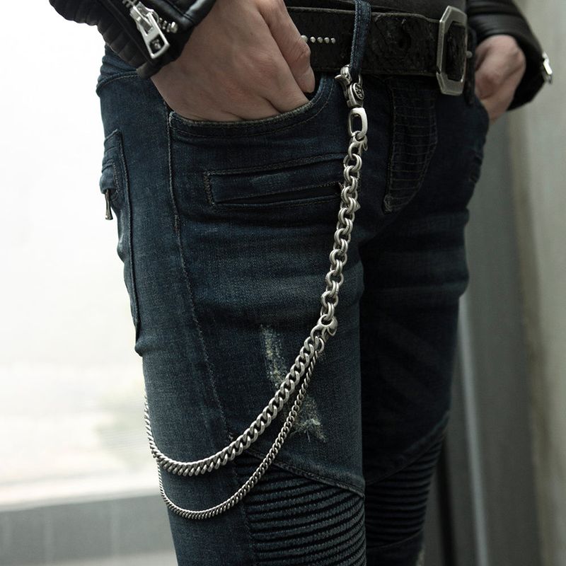 SVC-516 Antique Silver 2-Stripe Skull Fashion Pants Chain