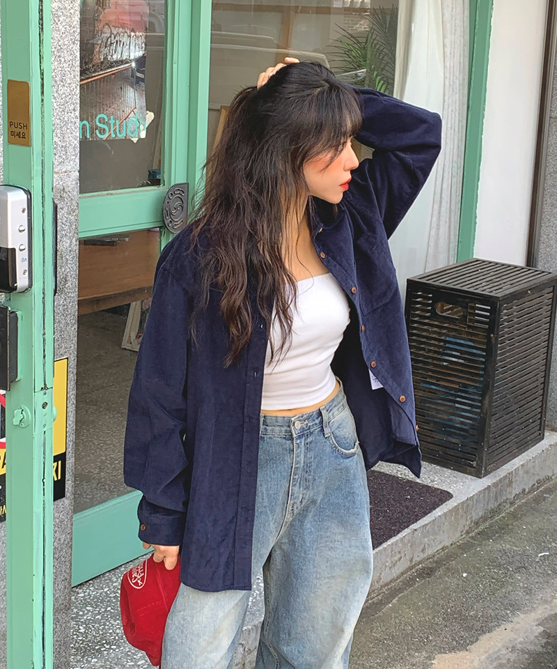 Corduroy Collar Shirt Shirt Blouse Basic Item Cotton