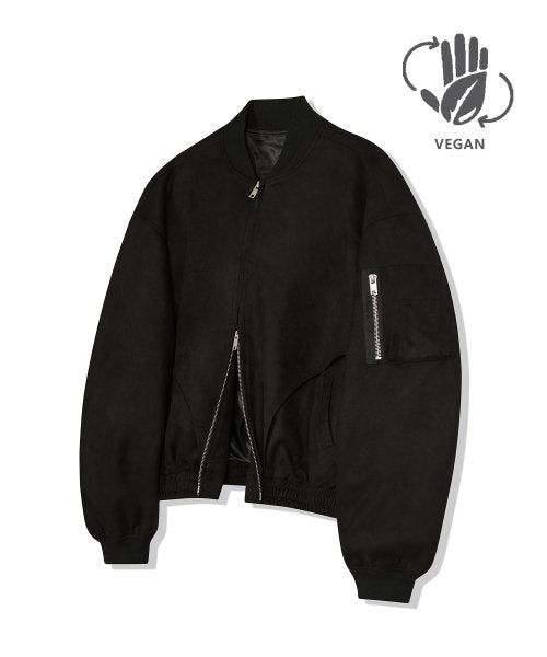 87-STAN027 [Vegan Suede] Curved Layer Bomber Suede Jacket Black