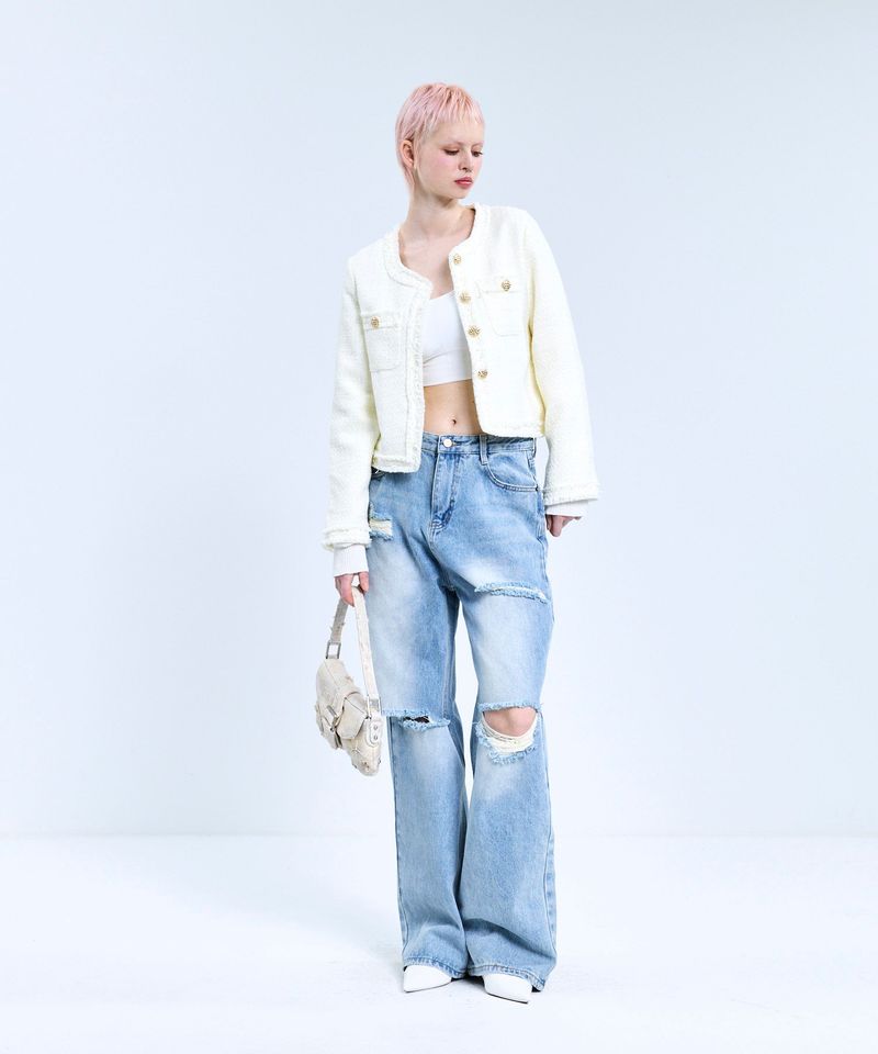 85-VIVAJ057 Line Fringe Crop Tweed Jacket White