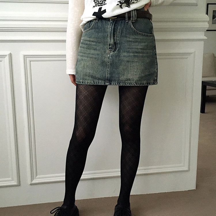 [Belt set] Jerik vintage washed denim mini skirt