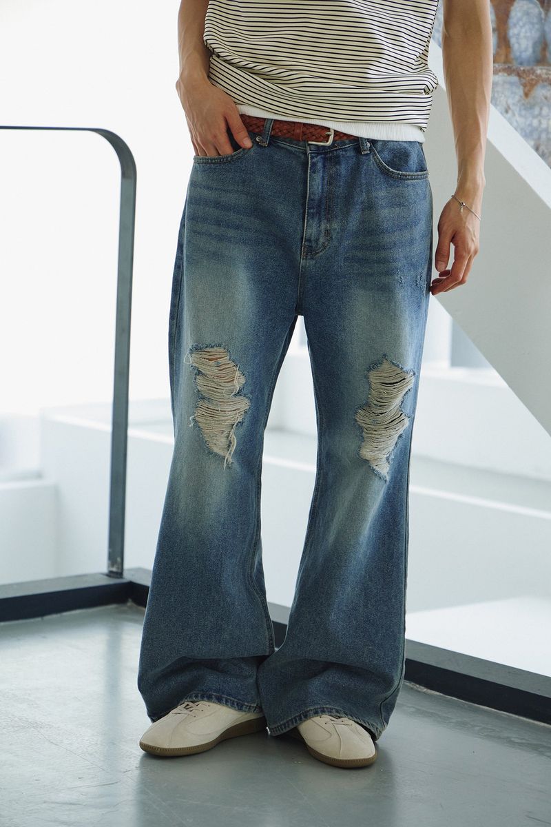 Tin washed damage flare denim pants(Blue)