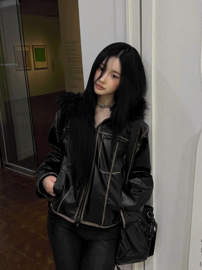 Vintage Noir Leather Zip-up