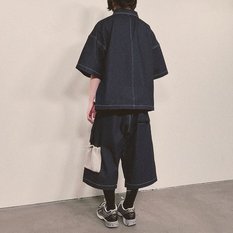 reverse terry pocket denim capri shorts_blue