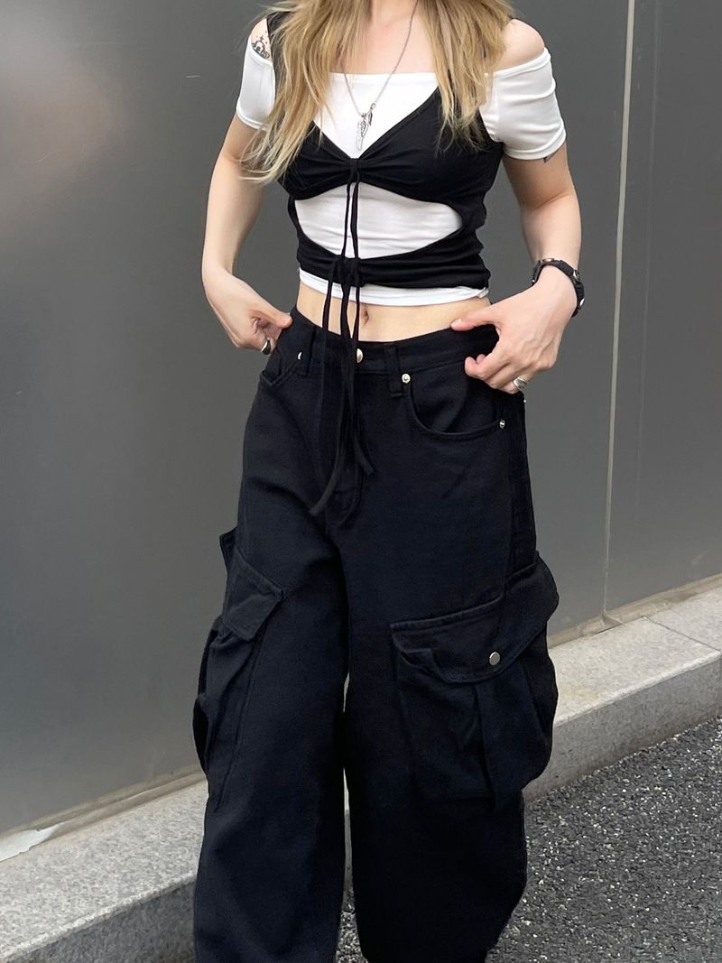 Layered Strap Hole Ribbon Top