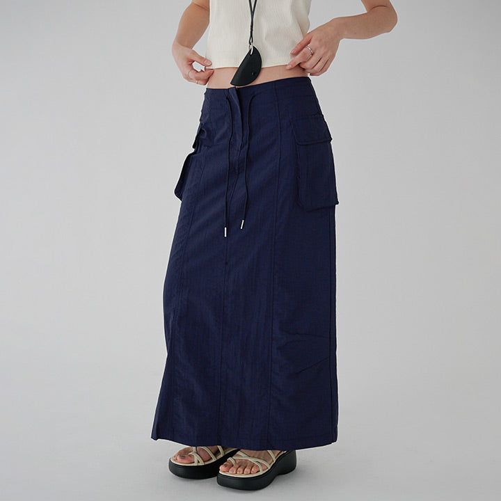  [made/free.xl] [Cheney] String A-Line Cargo Nylon Slit Long Skirt -5color